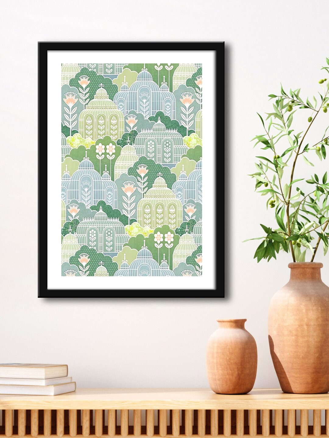 

999Store Green & Grey Mughal House Painting Framed Wall Art