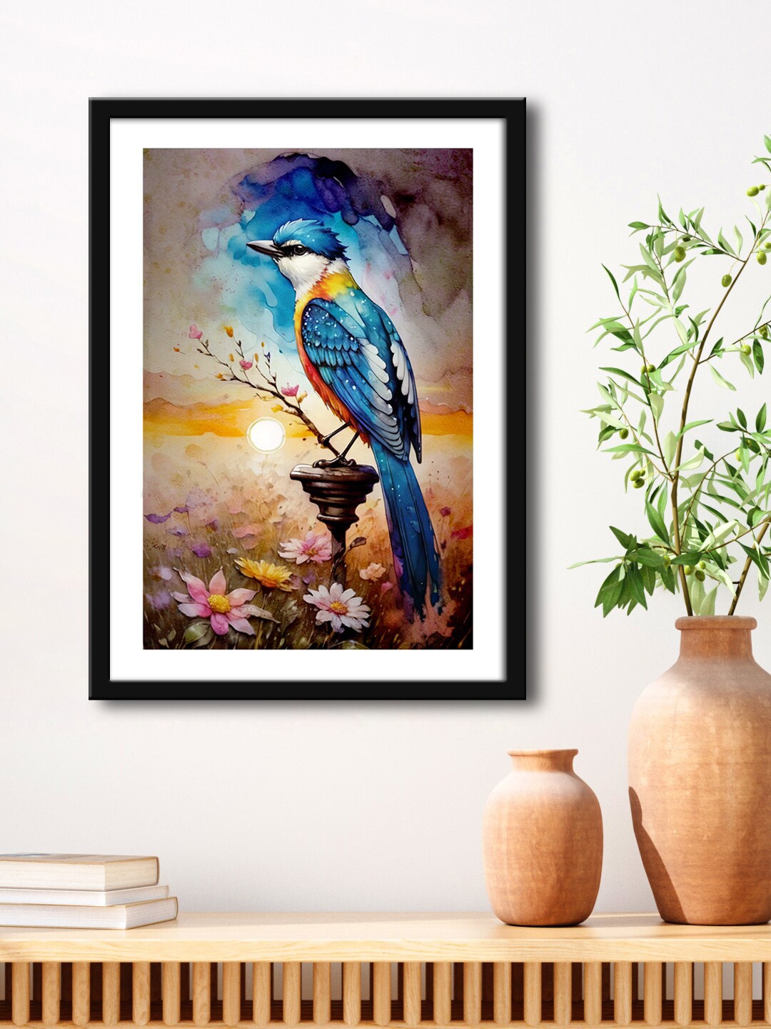 

999Store Brown & Black Bird Sitting With Flower And Sunset View Painting Framed Wall Art