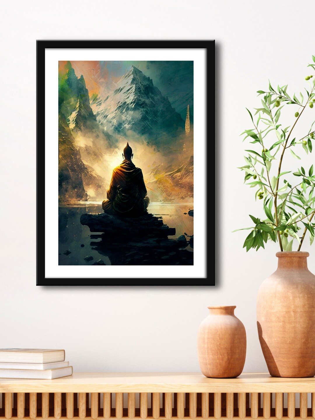 

999Store Brown & Black Monk Meditating With Mountain And Lake Painting Framed Wall Art