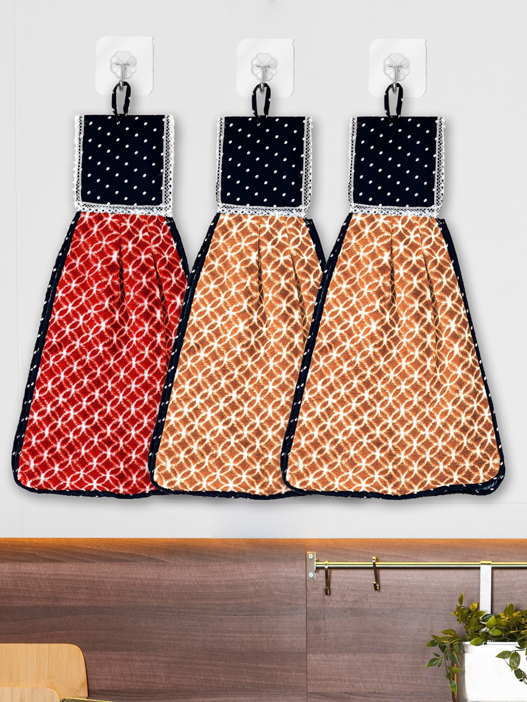 

Kuber Industries Red & Orange 3 Pieces Printed Cotton 120 GSM Hanging Kitchen Hand Towel