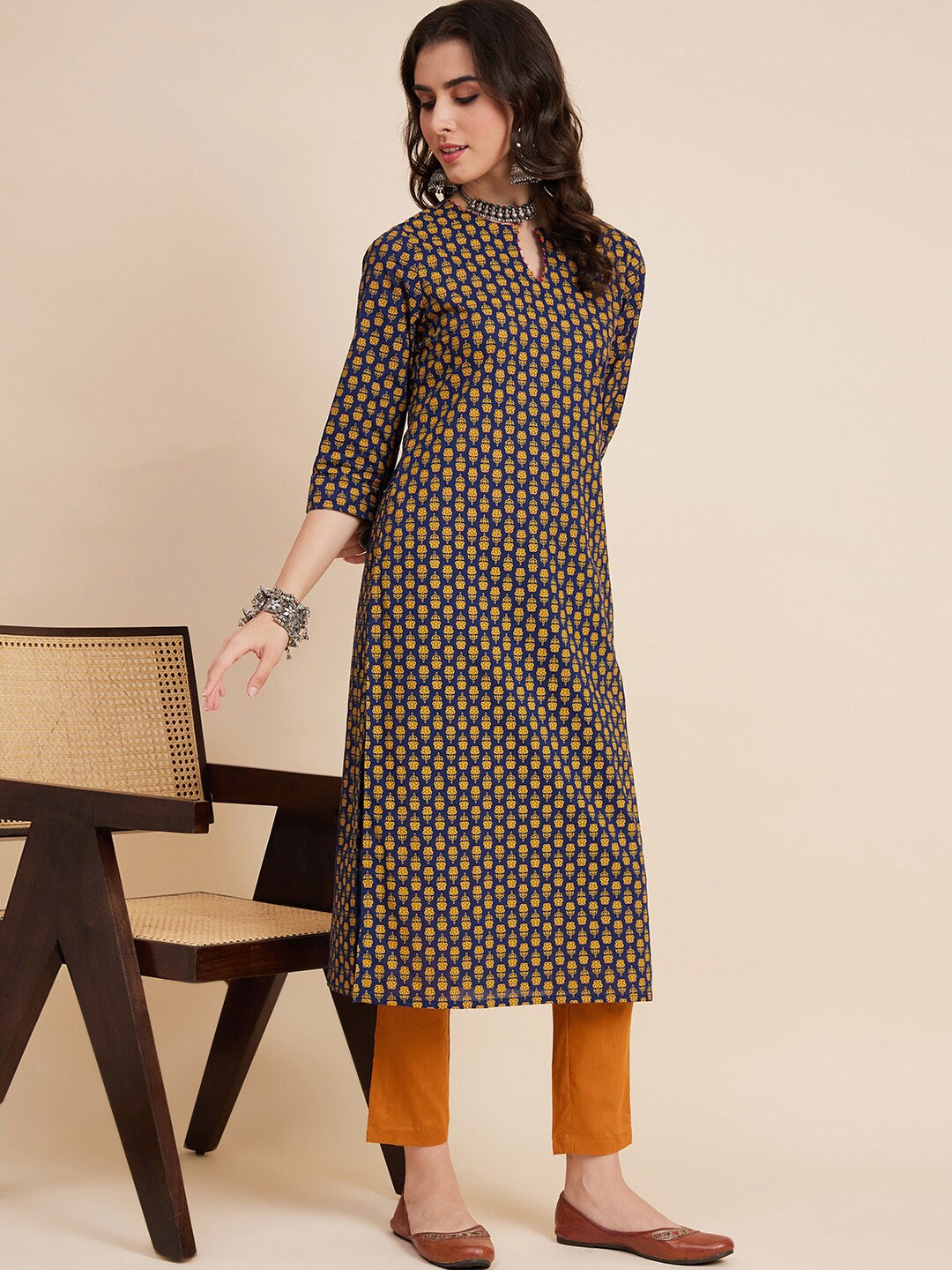 

all about you Ethnic Motifs Printed Keyhole Neck Cotton Straight Kurta, Blue