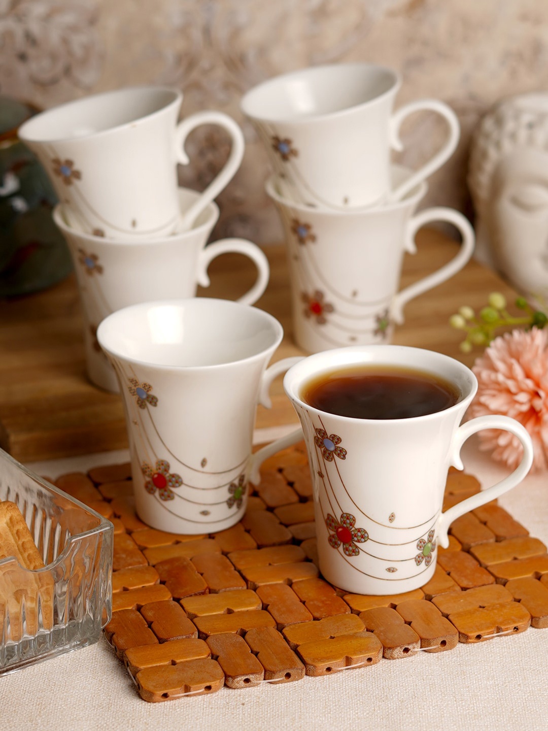 

ceradeco White & Red 6 Pieces Printed Bone China Glossy Coffee Mugs