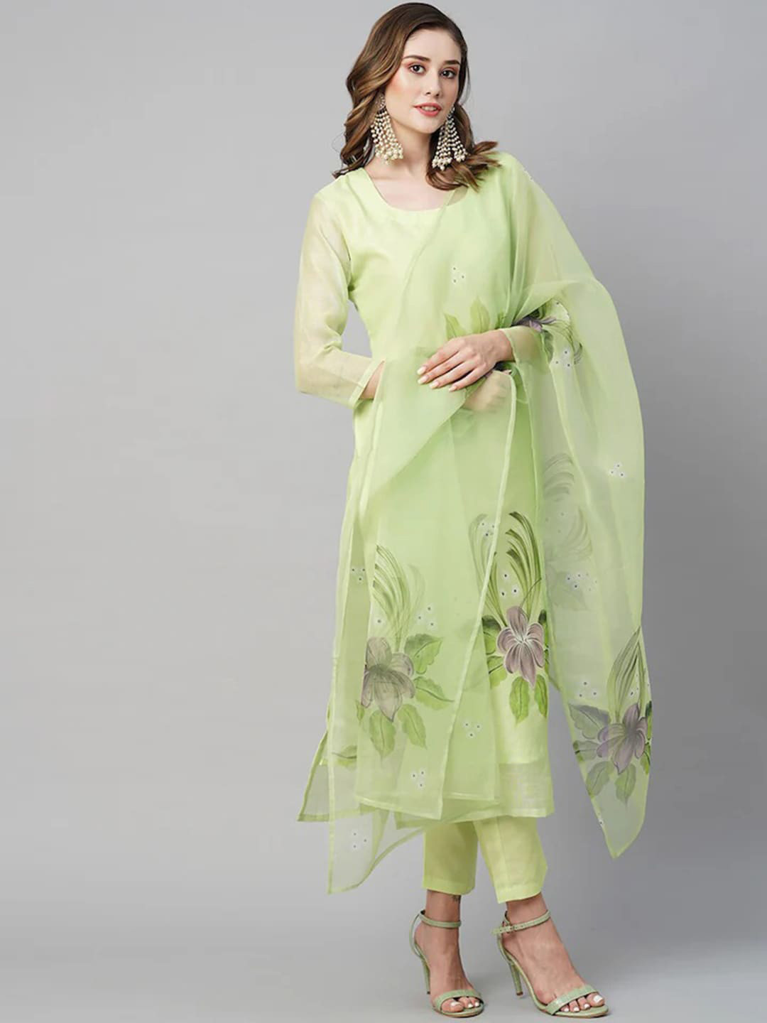 

KALINI Floral Printed Round Neck Organza Straight Kurta & Trousers With Dupatta, Lime green