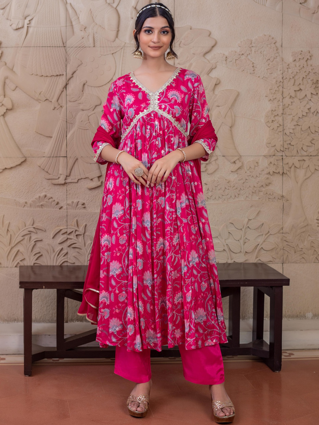 

KASYA Floral Printed Empire Sequinned Kurta With Trousers & Dupatta, Pink