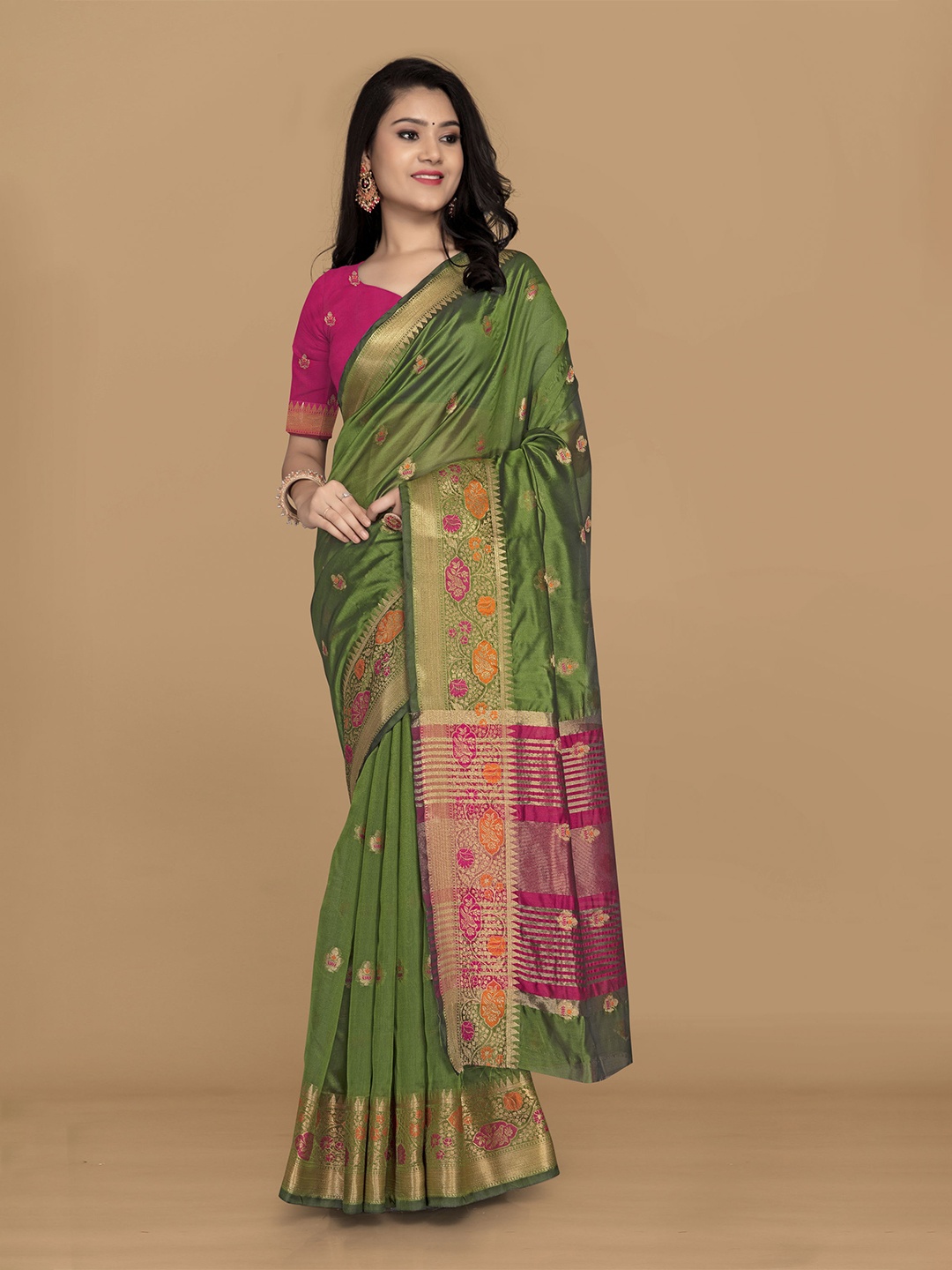 

V3 FASHION STUDIO Woven Design Zari Organza Baluchari Saree, Olive