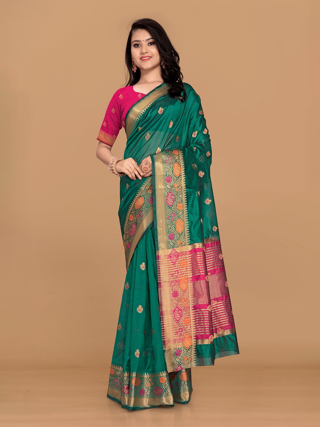 

V3 FASHION STUDIO Woven Design Zari Organza Baluchari Saree, Teal