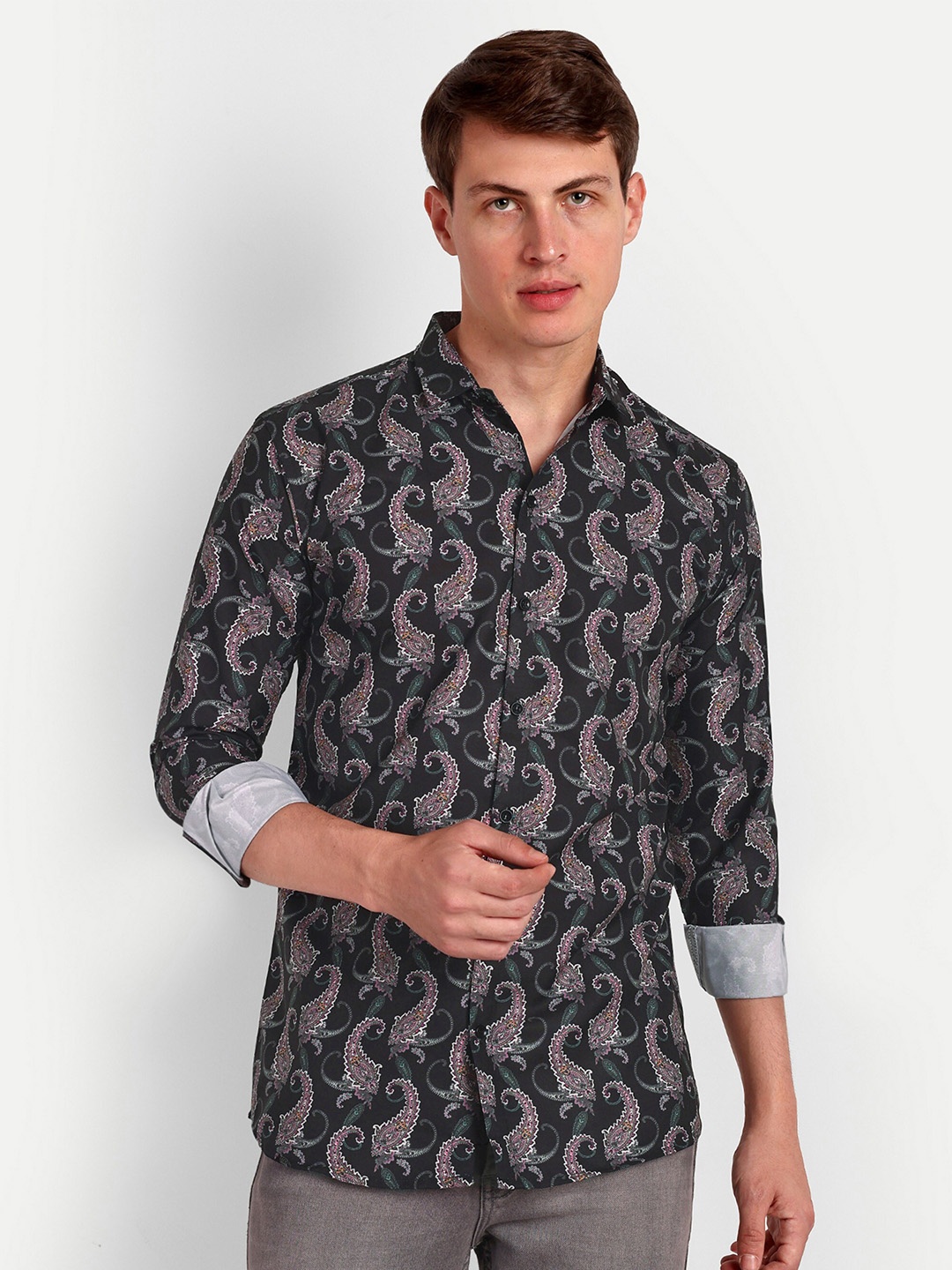 COLORWINGS Comfort Slim Fit Paisley Printed Casual Shirt, Black