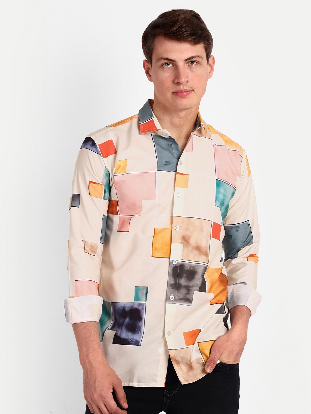 

COLORWINGS Comfort Slim Fit Geometric Printed Casual Shirt, Pink