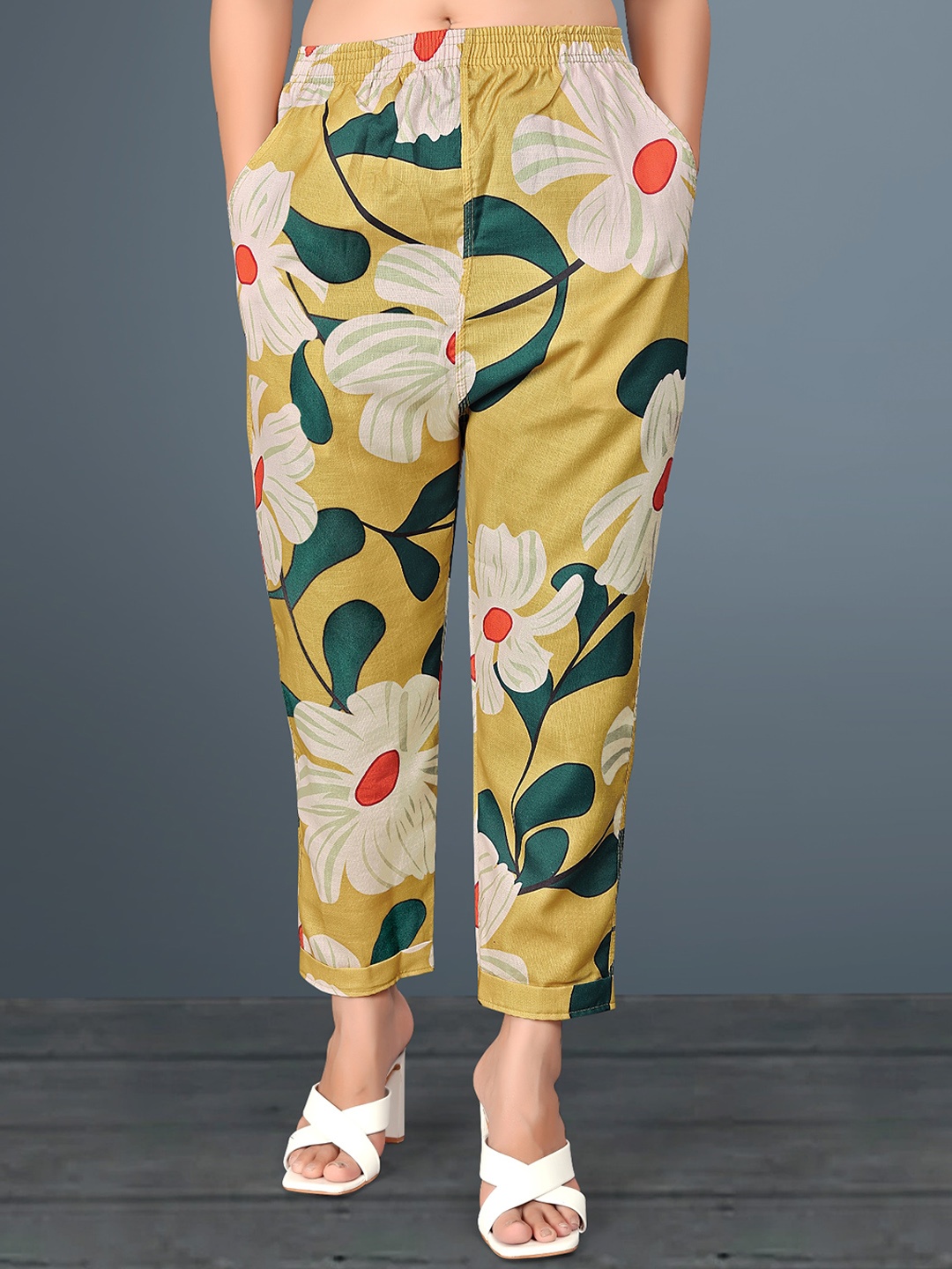 

Wuxi Women Floral Printed Mid Rise Relaxed Easy Wash Cotton Trousers, Yellow