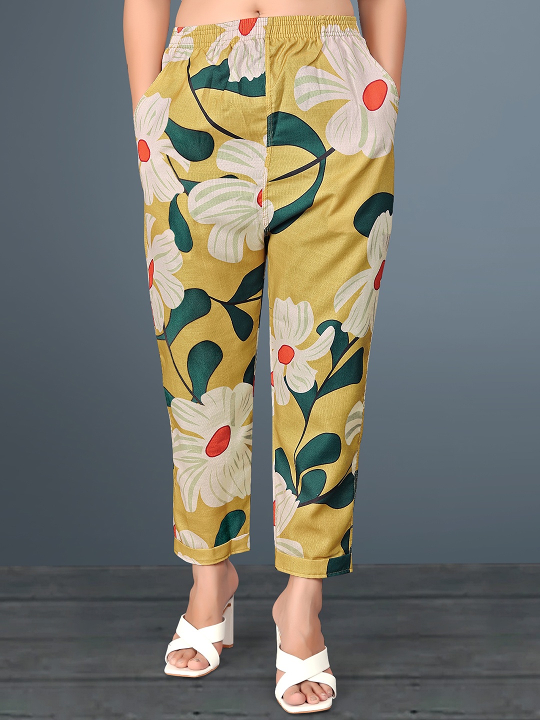 

Wuxi Women Floral Printed Relaxed Easy Wash Cotton Trousers, Mustard