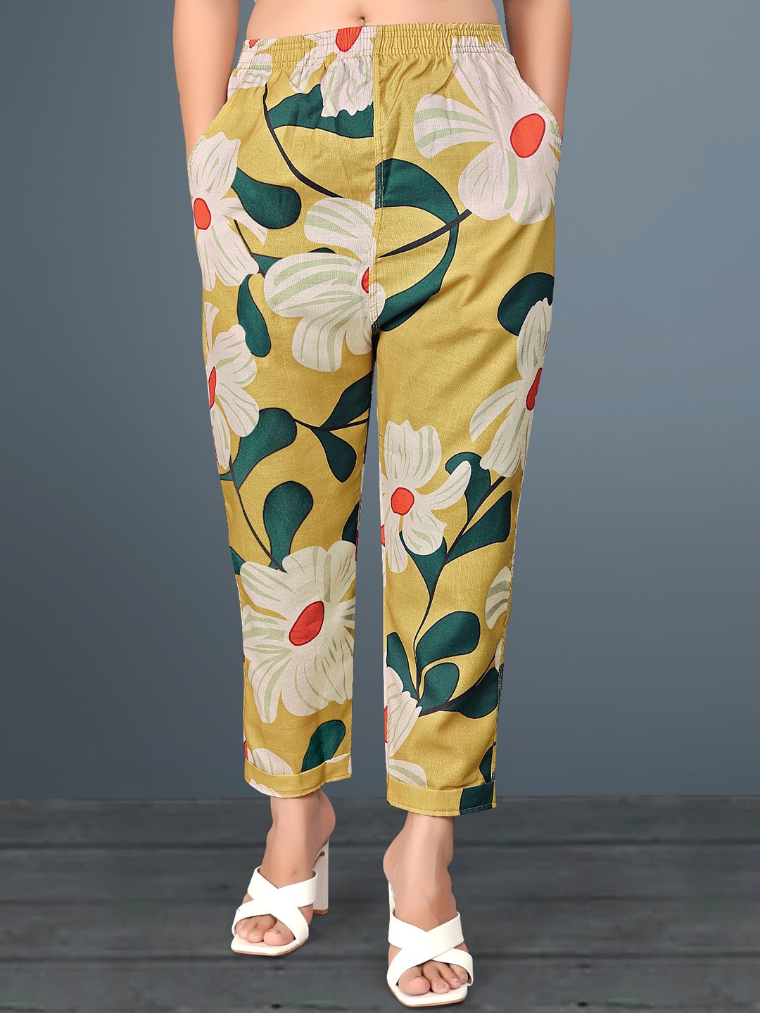 

Wuxi Women Floral Printed Mid Rise Relaxed Easy Wash Cotton Trousers, Mustard