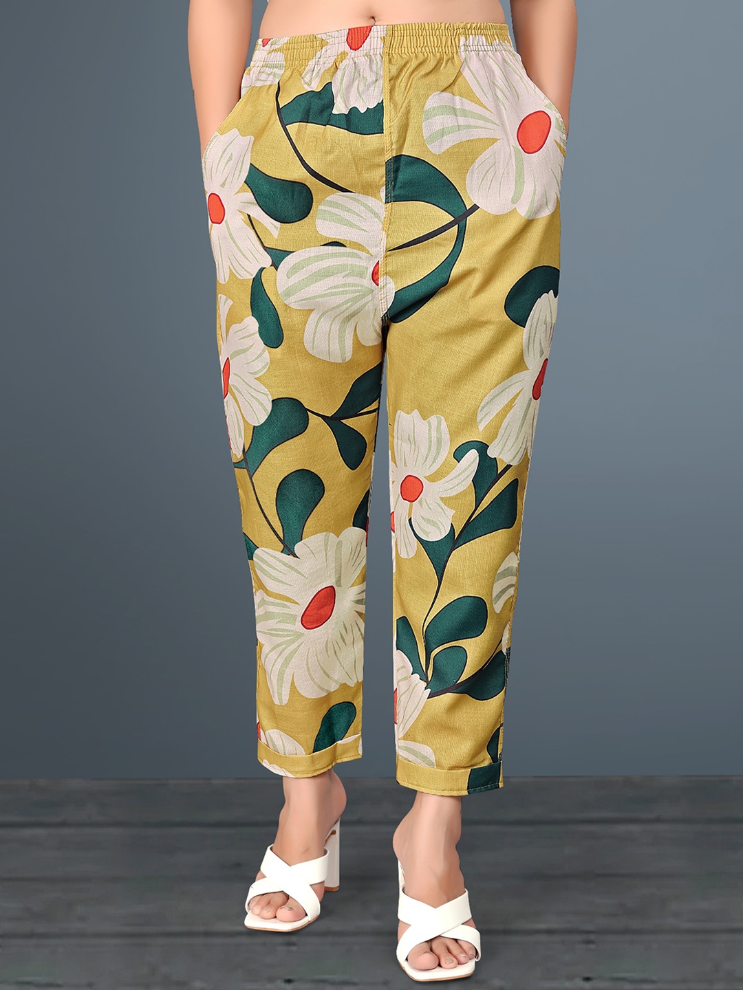 

Wuxi Women Floral Printed Mid Rise Relaxed Easy Wash Cotton Trousers, Mustard