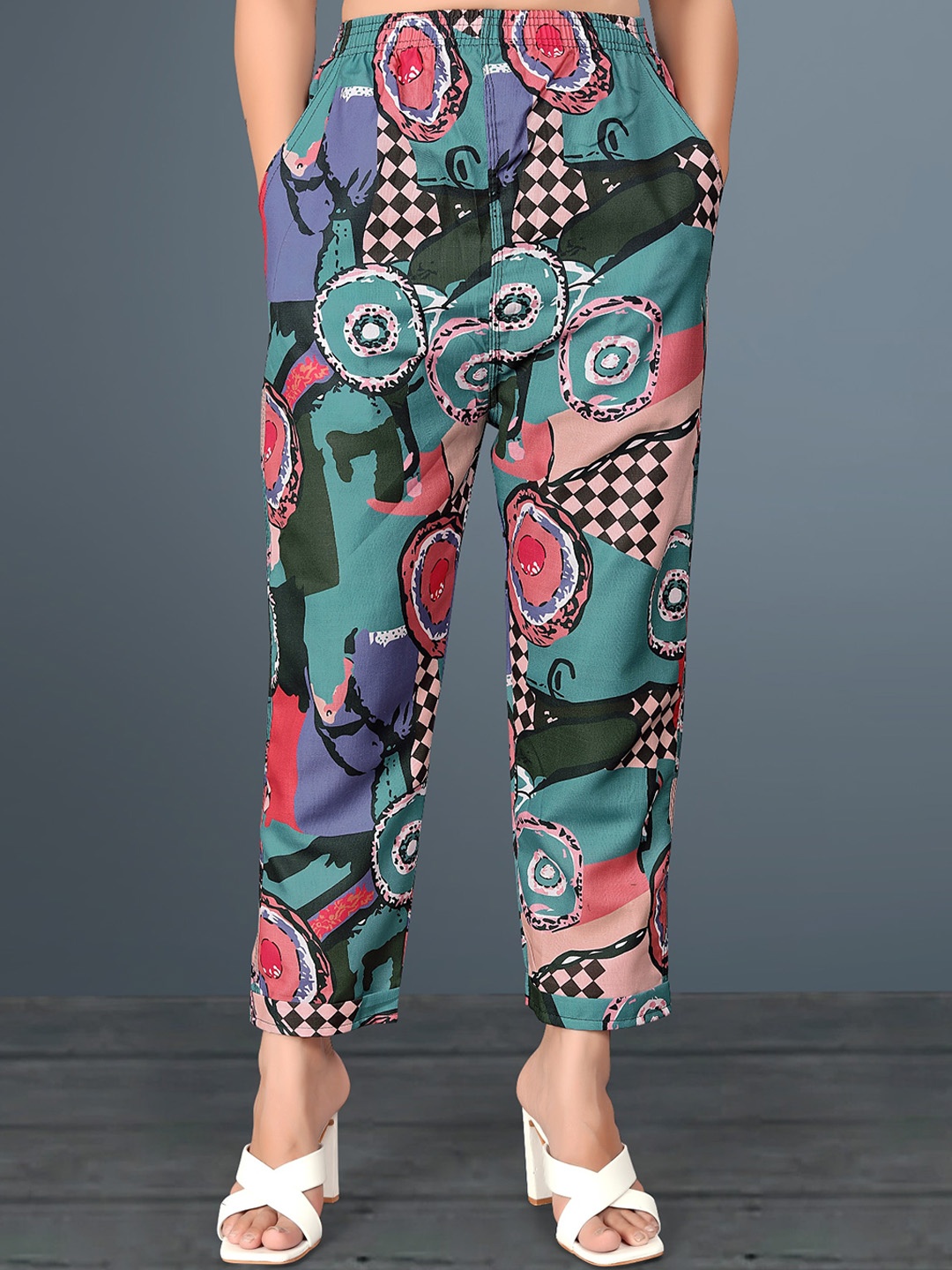 

Wuxi Women Abstract Printed Relaxed Easy Wash Cotton Trousers, Turquoise blue