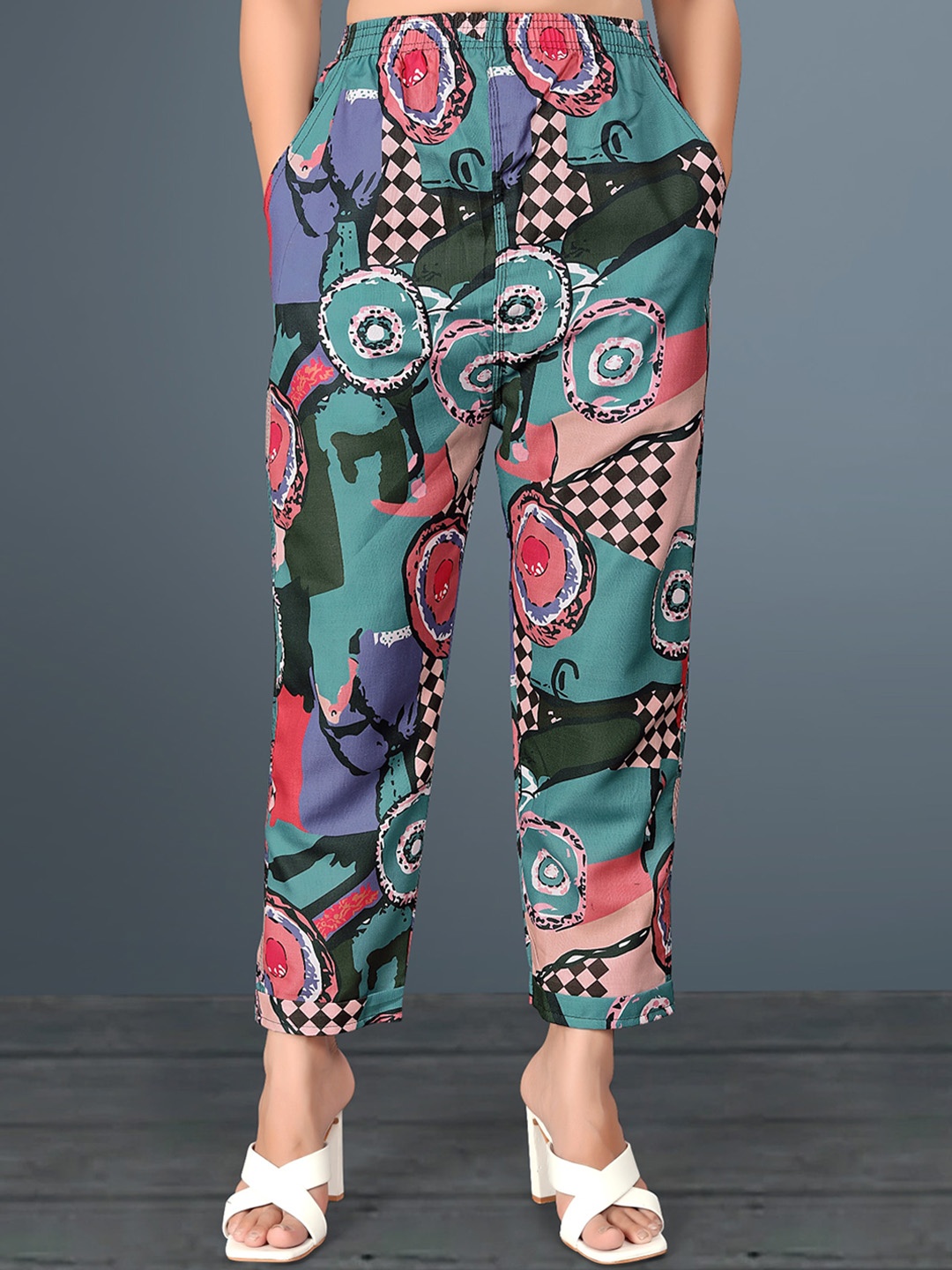 

Wuxi Women Abstract Printed Relaxed Easy Wash Cotton Trousers, Turquoise blue
