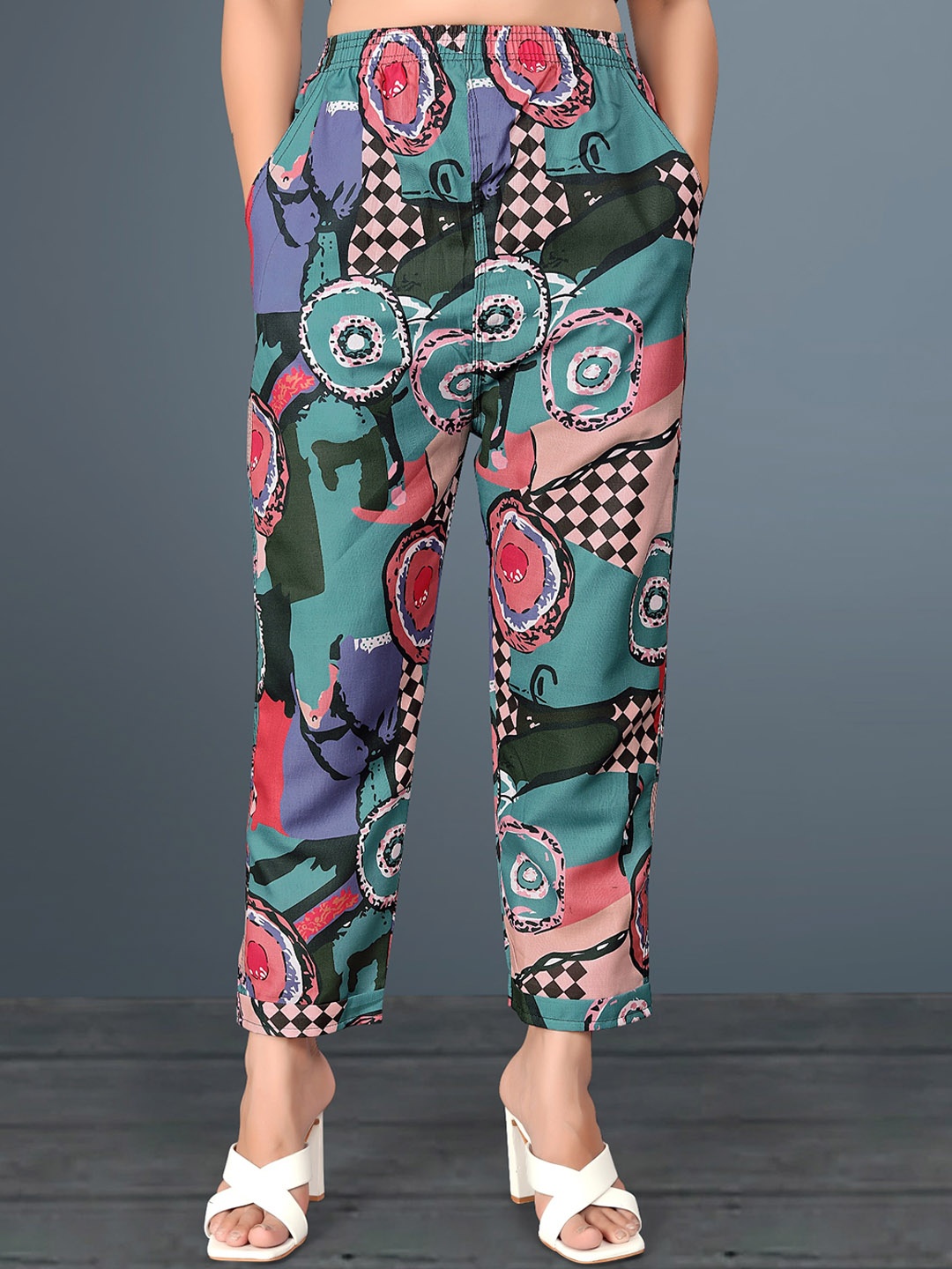 

Wuxi Women Abstract Printed Relaxed Easy Wash Cotton Trousers, Turquoise blue