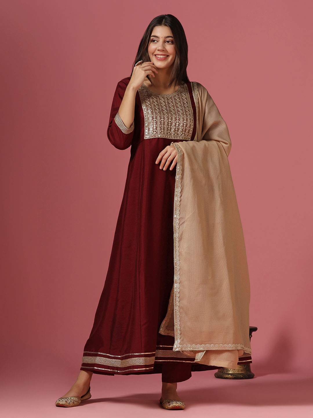 

FASHION DREAM Ethnic Motifs Embroidered Regular A-Line Kurta & Trousers With Dupatta, Red