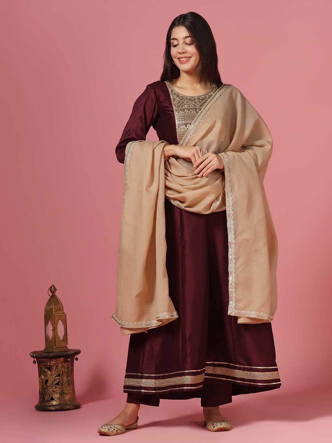 

FASHION DREAM Ethnic Motifs Embroidered Regular A-Line Kurta & Trousers With Dupatta, Maroon