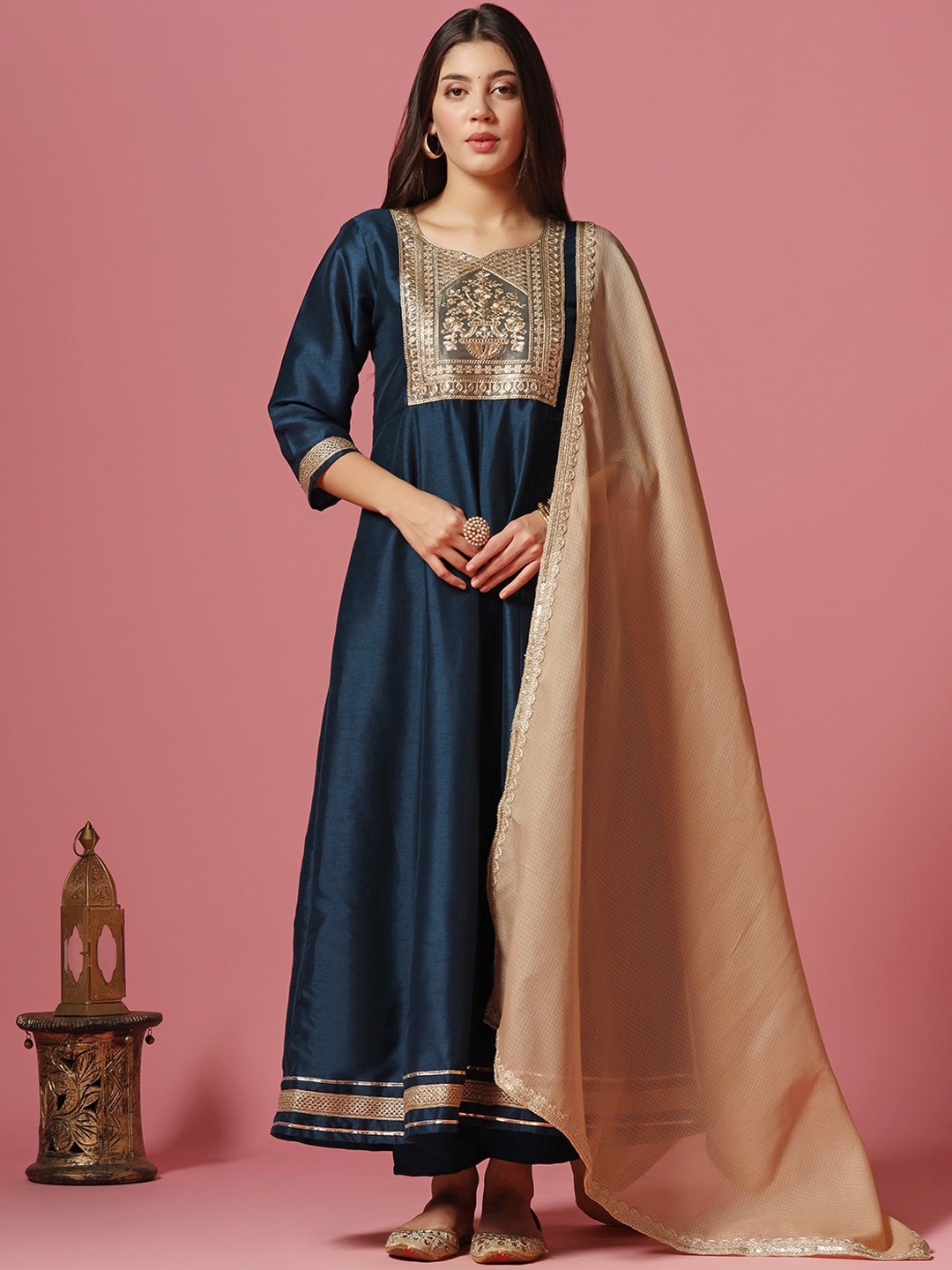 

FASHION DREAM Ethnic Motifs Embroidered Regular A-Line Kurta & Trousers With Dupatta, Navy blue