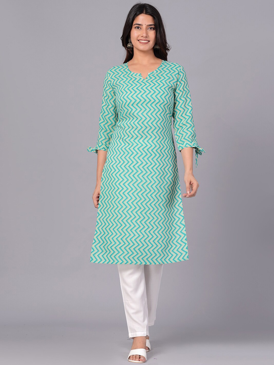 

KALINI Chevron Printed Pure Cotton Kurta with Trousers, Green