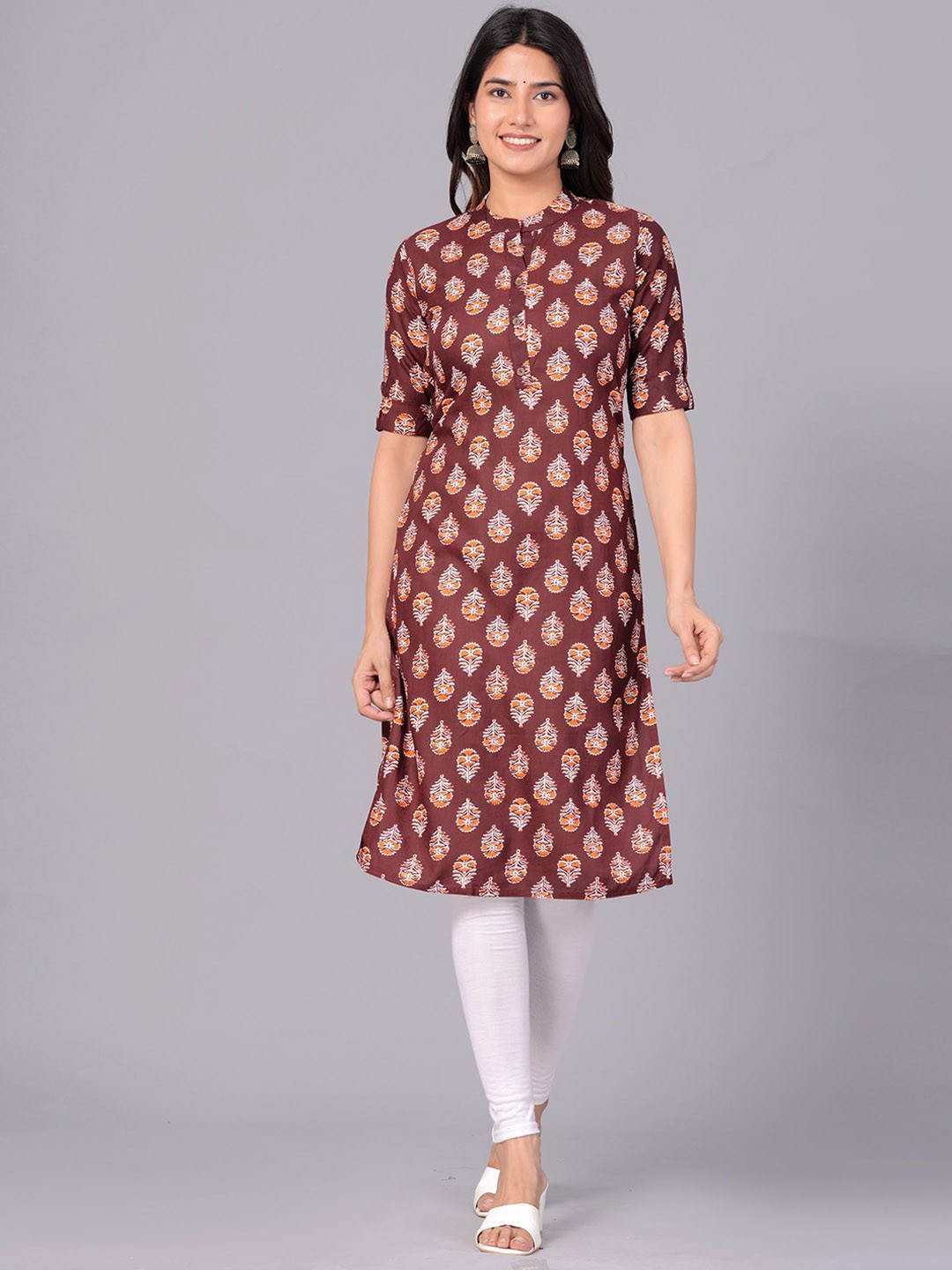 

KALINI Ethnic Motifs Printed Mandarin Collar Straight Kurta, Brown