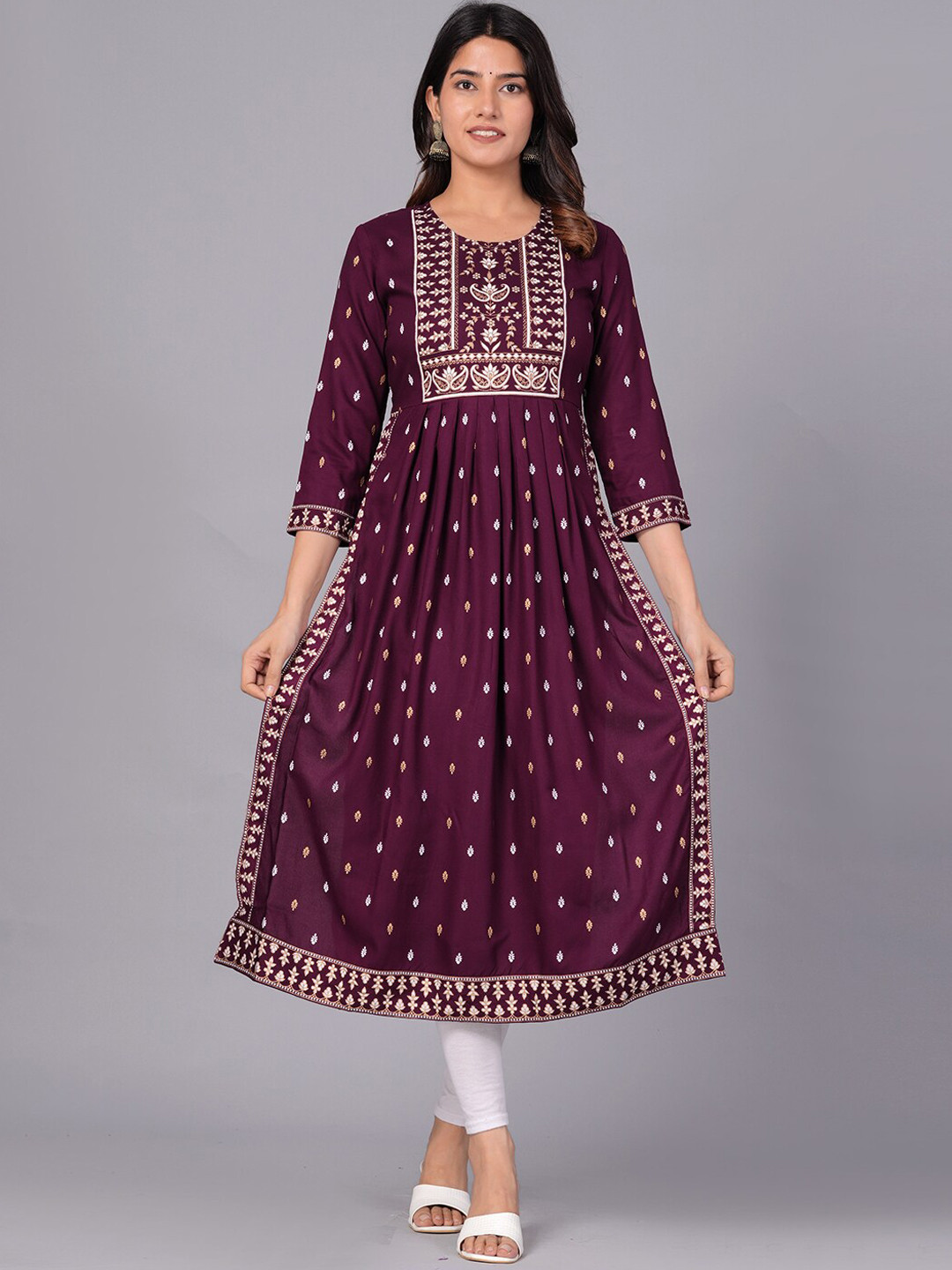 

KALINI Ethnic Motifs Printed Pleated A-Line Kurta, Maroon
