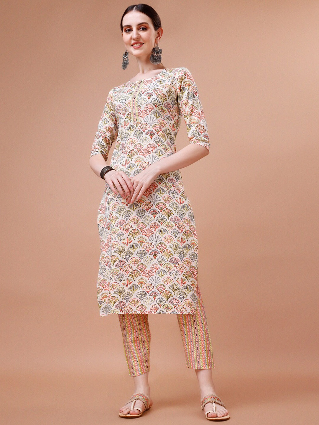 

KALINI Ethnic Motifs Printed Kurta with Trousers, Orange