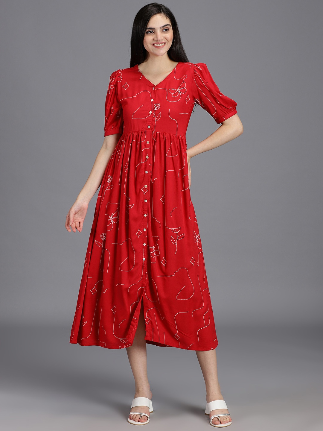 

HAY Floral Printed V-Neck A-Line Midi Dress, Maroon