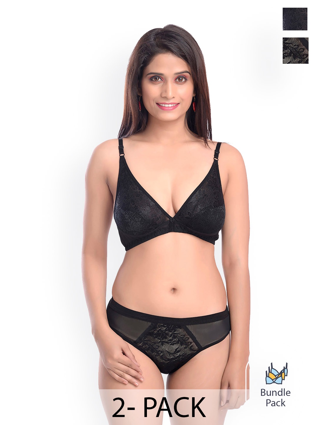 AROUSY Pack Of 2 Self Design Laced Cotton Lingerie Set, Black