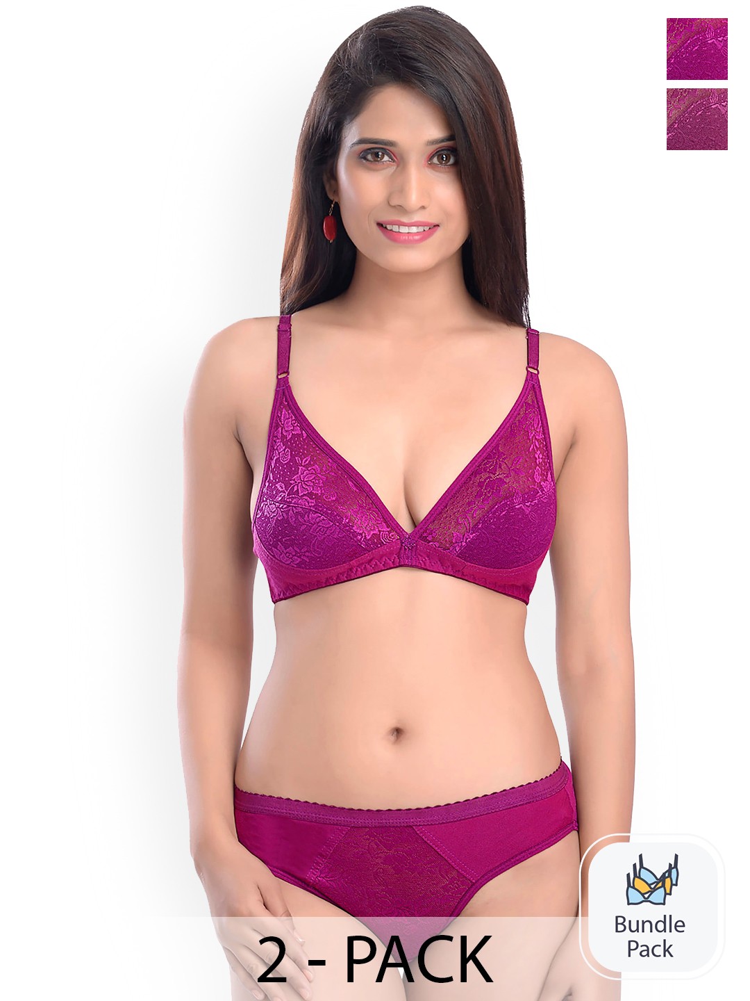 

AROUSY Pack Of 2 Self Design Laced Cotton Lingerie Set, Pink