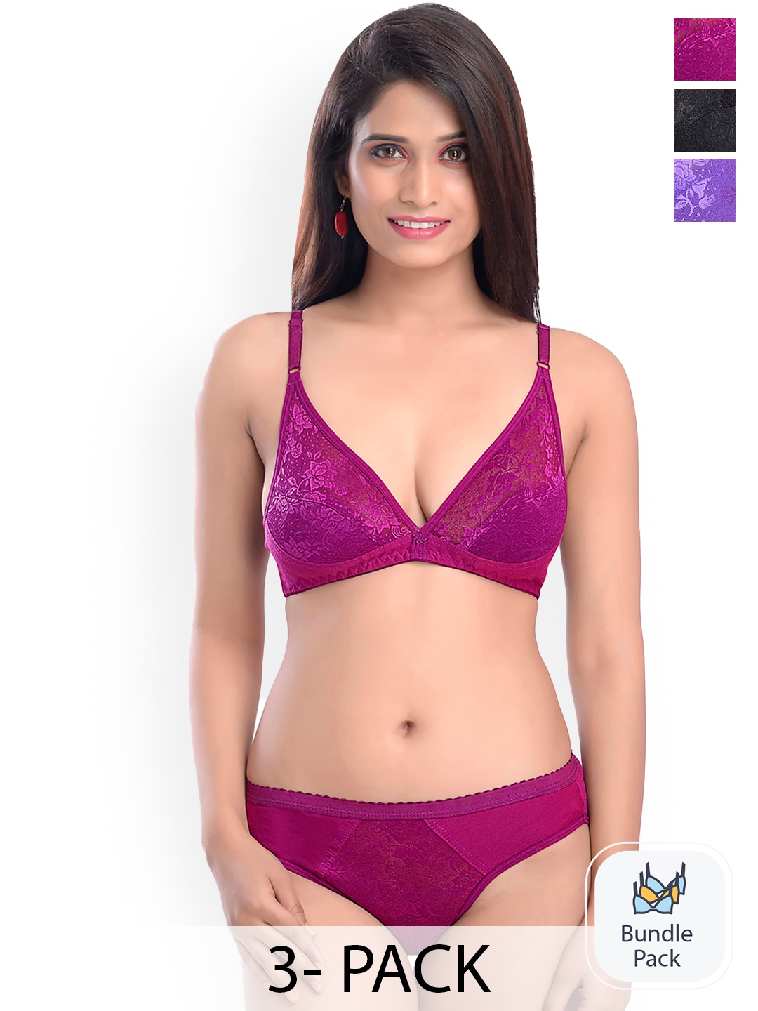 

AROUSY Pack Of 3 Self Design Laced Cotton Lingerie Set, Pink