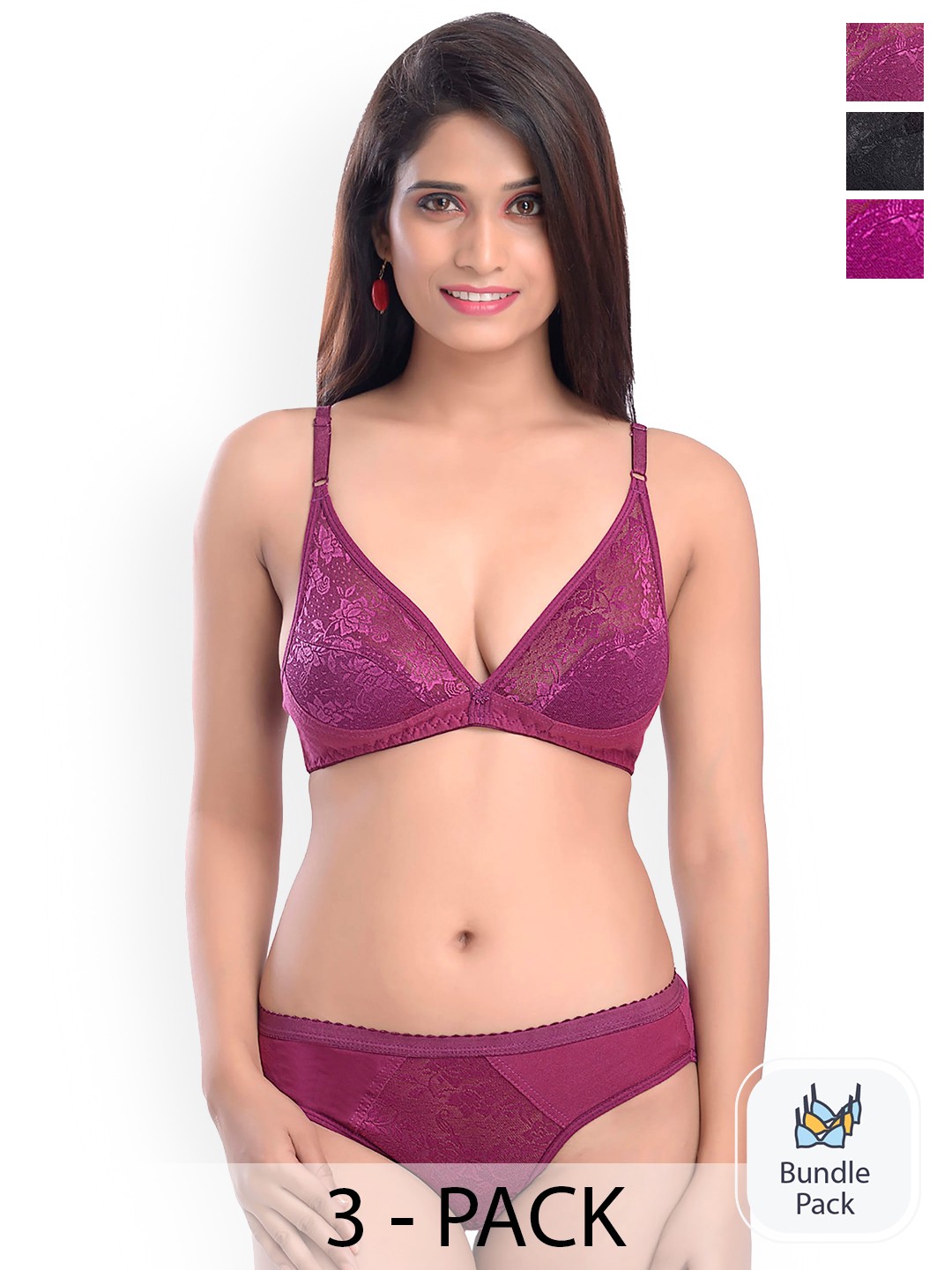 

AROUSY Pack Of 3 Self Design Laced Cotton Lingerie Set, Pink