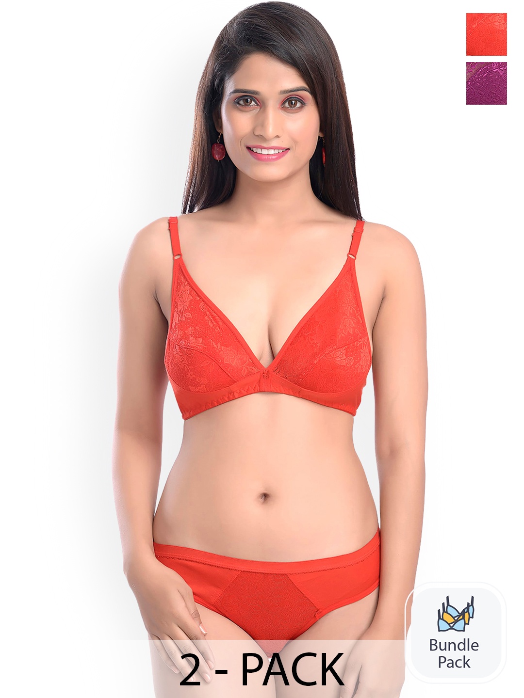 

AROUSY Pack Of 2 Self Design Laced Cotton Lingerie Set, Red