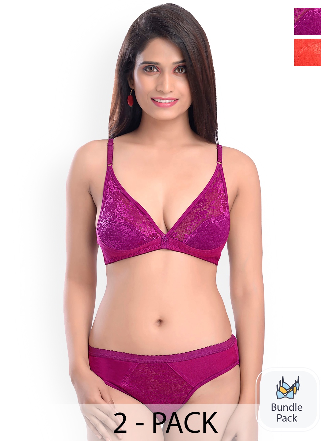 

AROUSY Pack Of 2 Self Design Laced Cotton Lingerie Set Safal-Set_Pink,Red_30