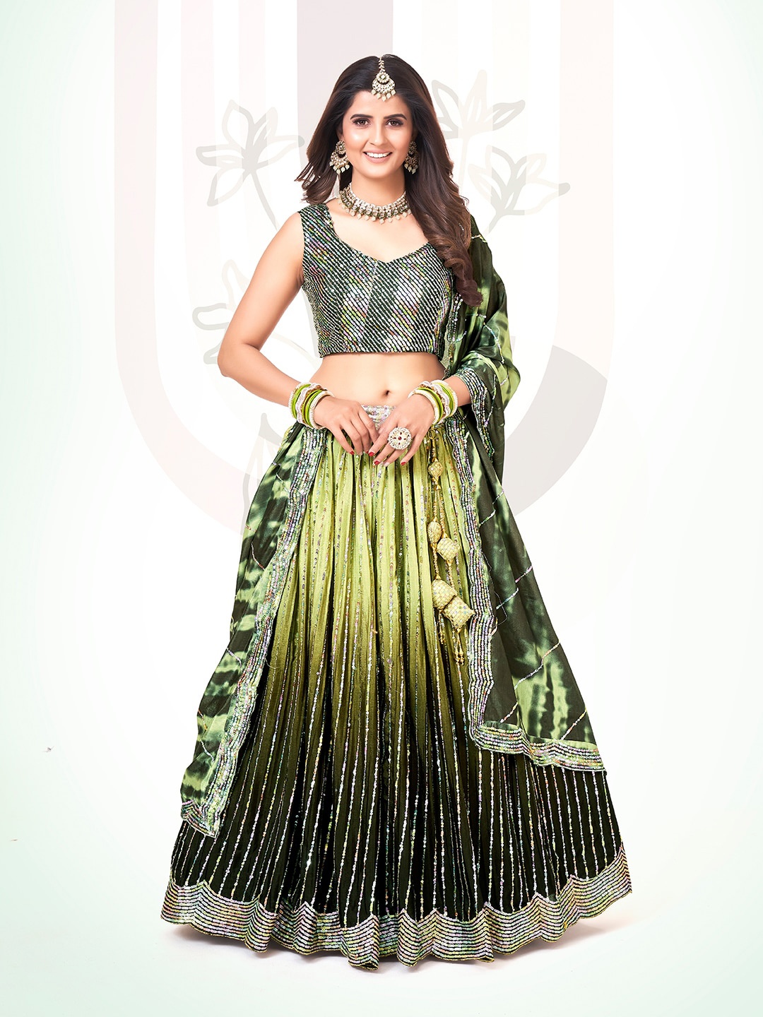 

SHOPGARB Embroidered Sequinned Semi-Stitched Lehenga & Unstitched Blouse With Dupatta, Green