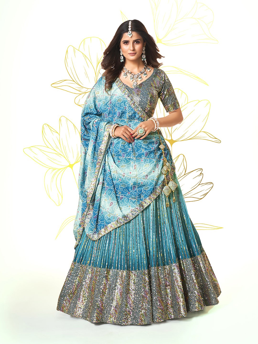 

SHOPGARB Embellished Sequinned Semi-Stitched Lehenga & Unstitched Blouse With, Turquoise blue