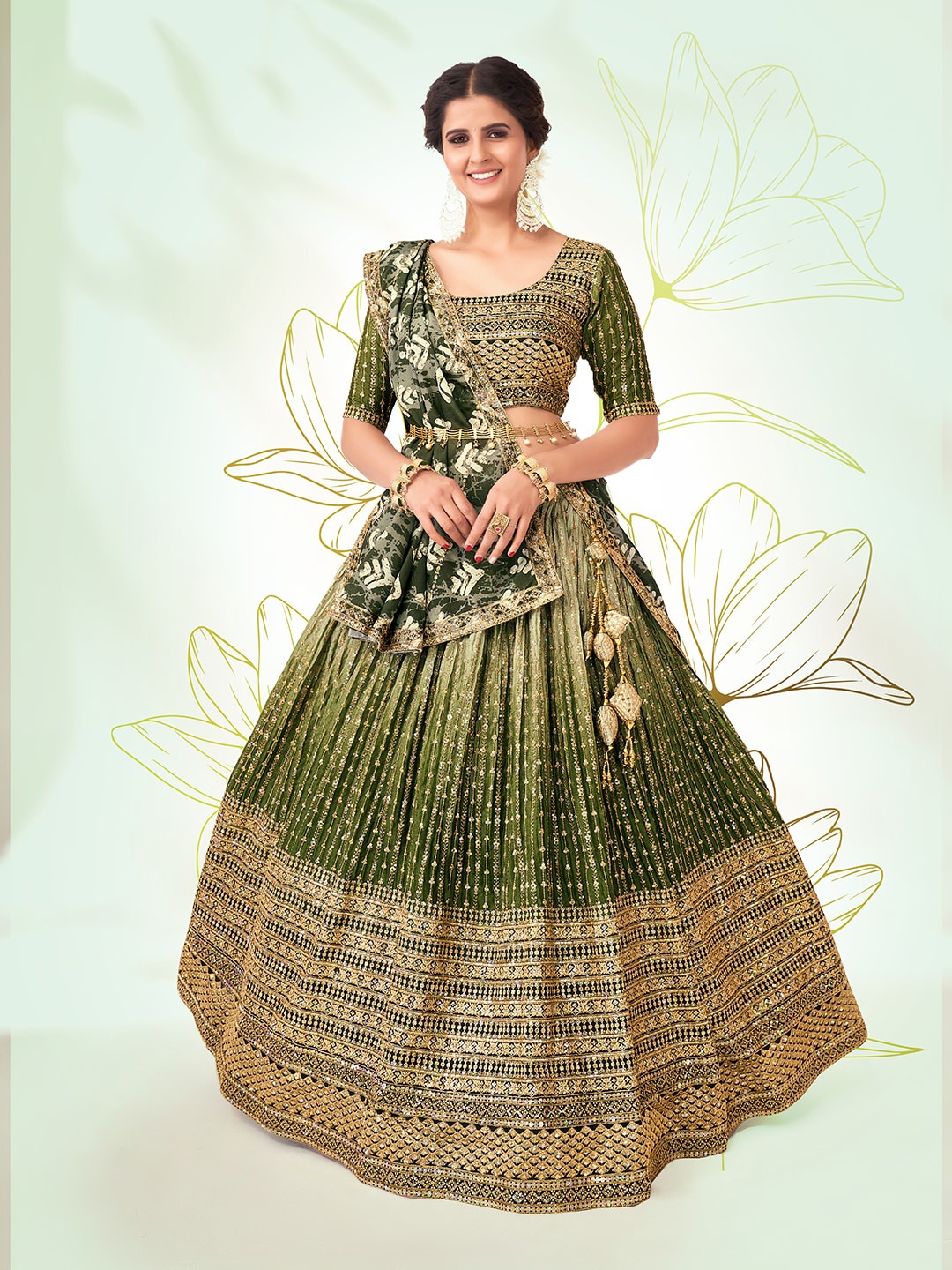 SHOPGARB Embroidered Sequinned Semi-Stitched Lehenga & Unstitched Blouse With, Olive