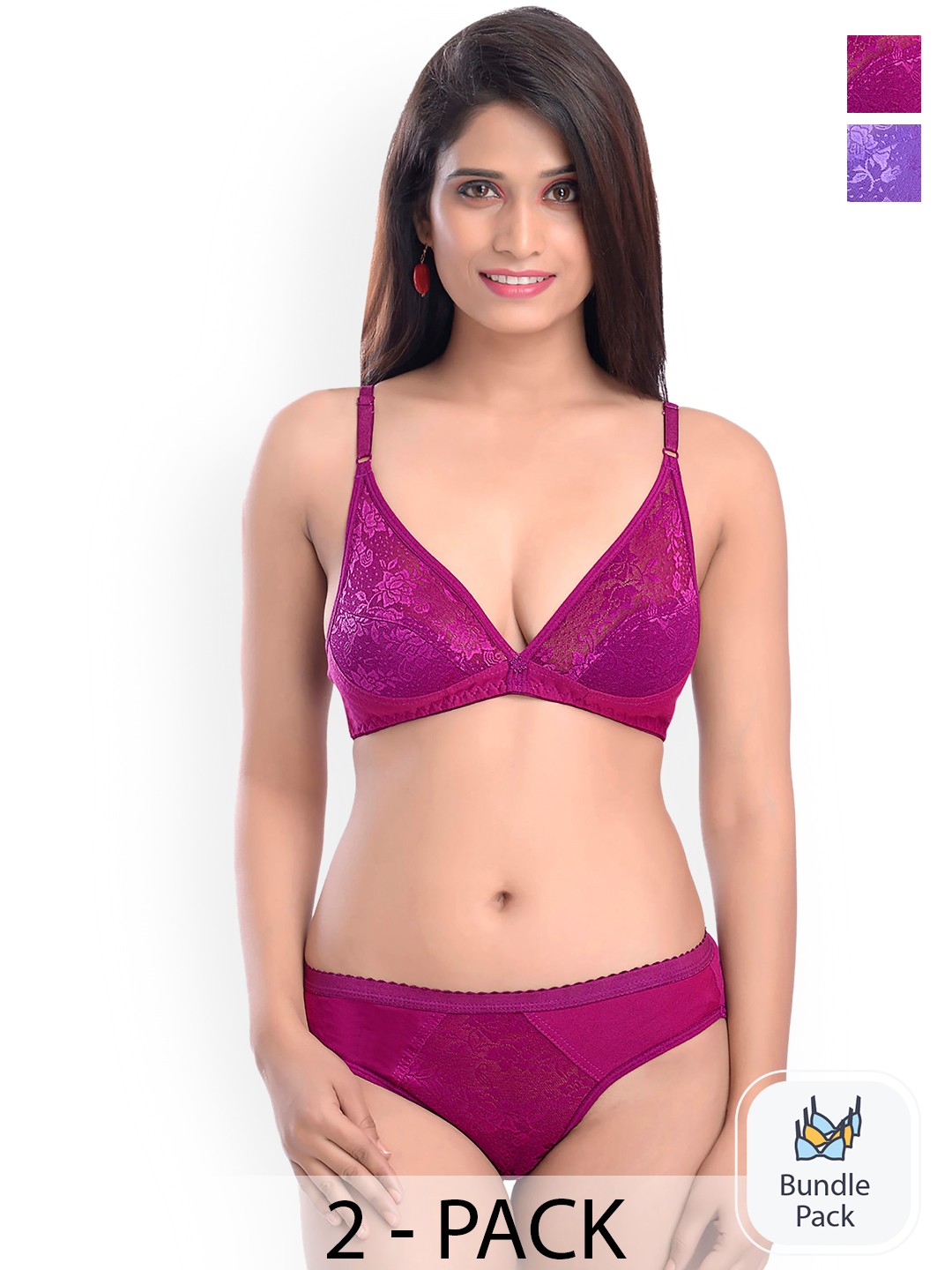 

PIBU Pack Of 2 Self Design Laced Cotton Lingerie Set, Pink
