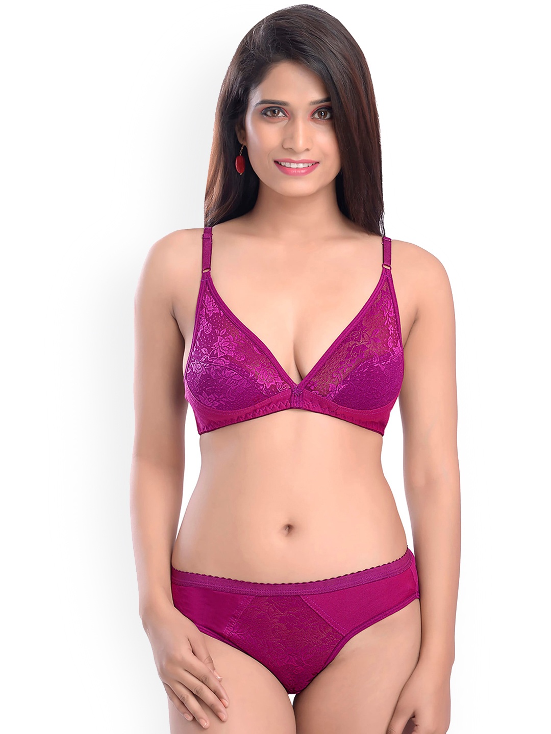

PIBU Self Design Laced Cotton Lingerie Set, Pink