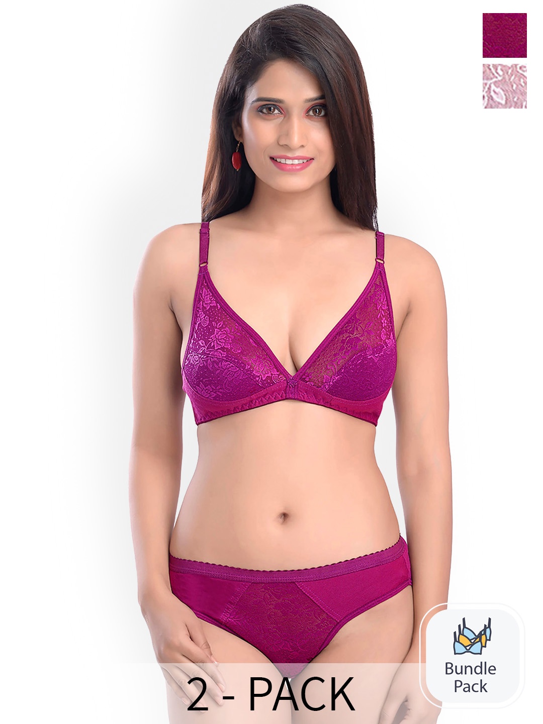 

PIBU Pack Of 2 Self Design Laced Cotton Lingerie Set, Pink