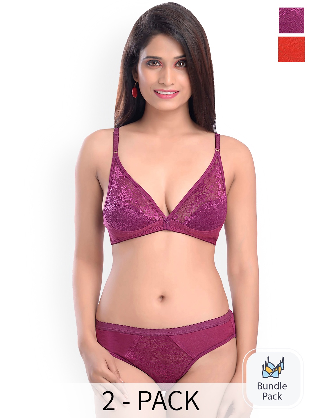 

PIBU Pack Of 2 Self Design Laced Cotton Bra With Briefs, Red
