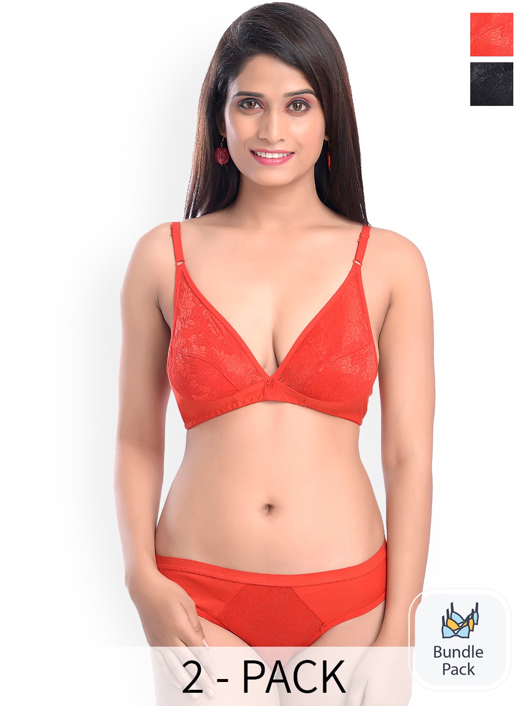 

PIBU Pack Of 2 Self Design Laced Cotton Bra With Briefs, Black
