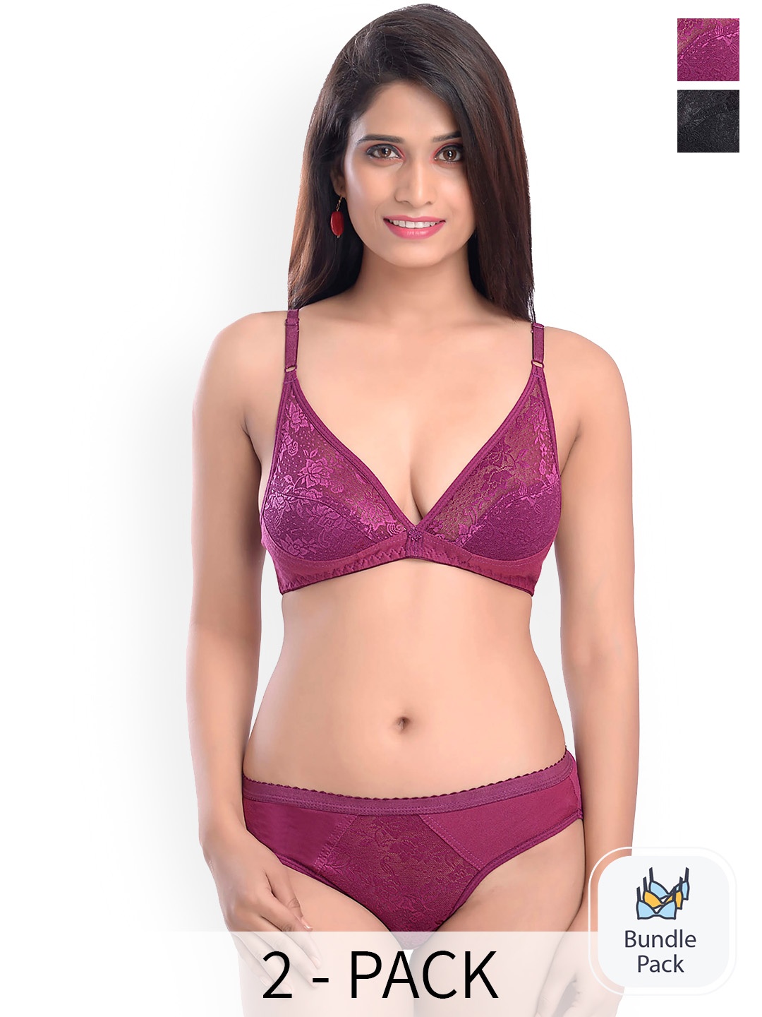 

PIBU Pack Of 2 Self Design Laced Cotton Bra With Briefs, Black