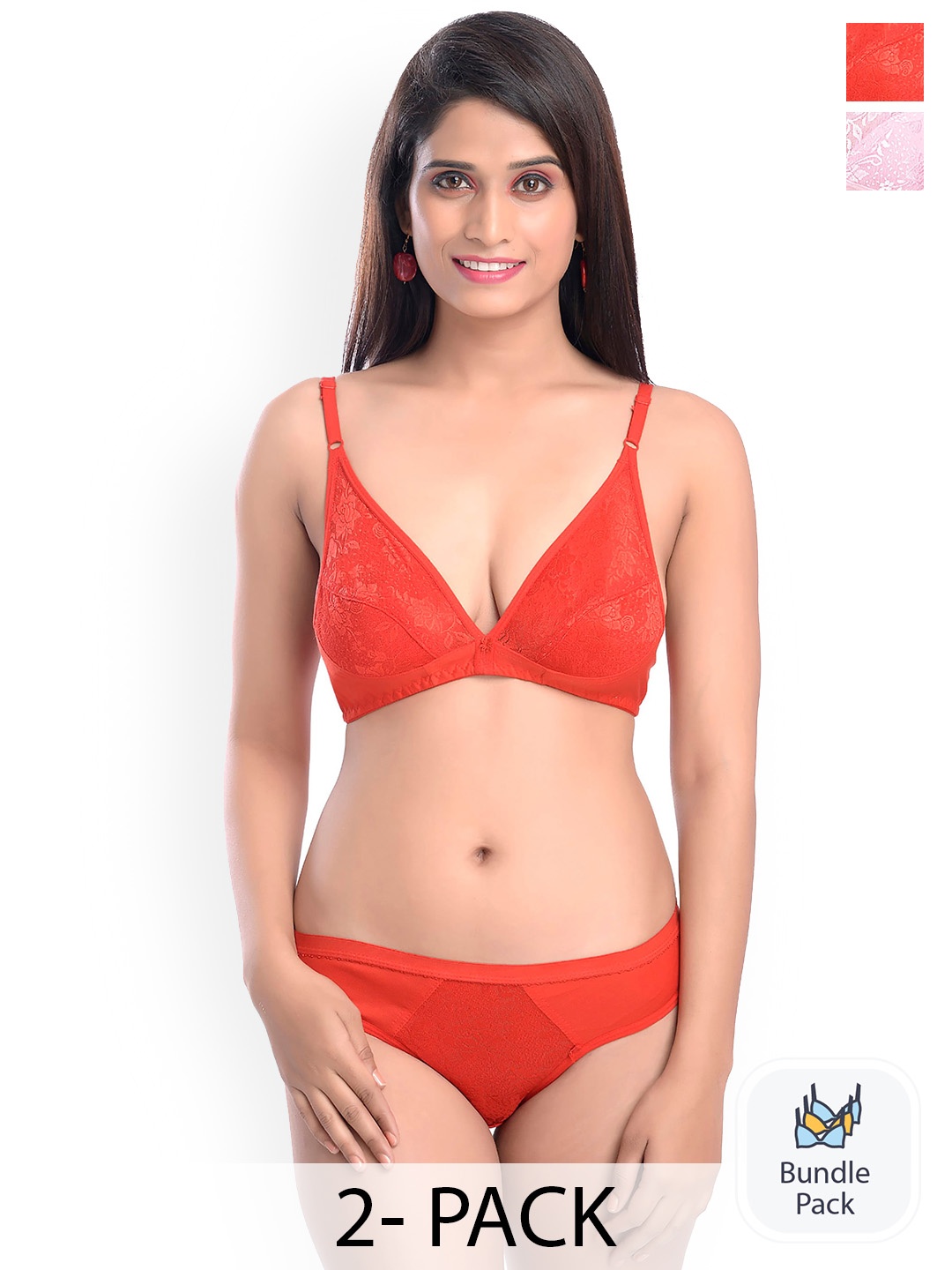 

Aamarsh Pack Of 2 Self Design Laced Cotton Lingerie Set, Red