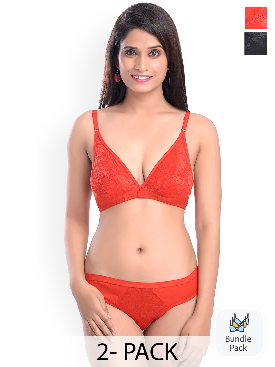 Aamarsh Pack Of 2 Self Design Laced Cotton Lingerie Set, Black