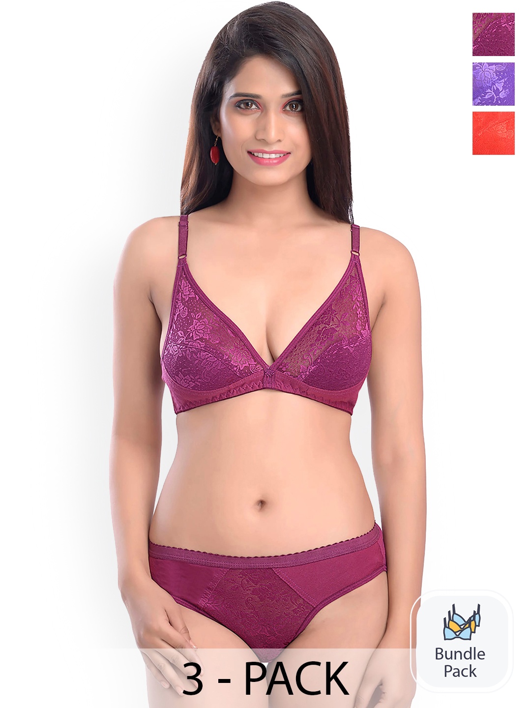 

Aamarsh Pack Of 3 Self Design Laced Cotton Lingerie Set, Maroon