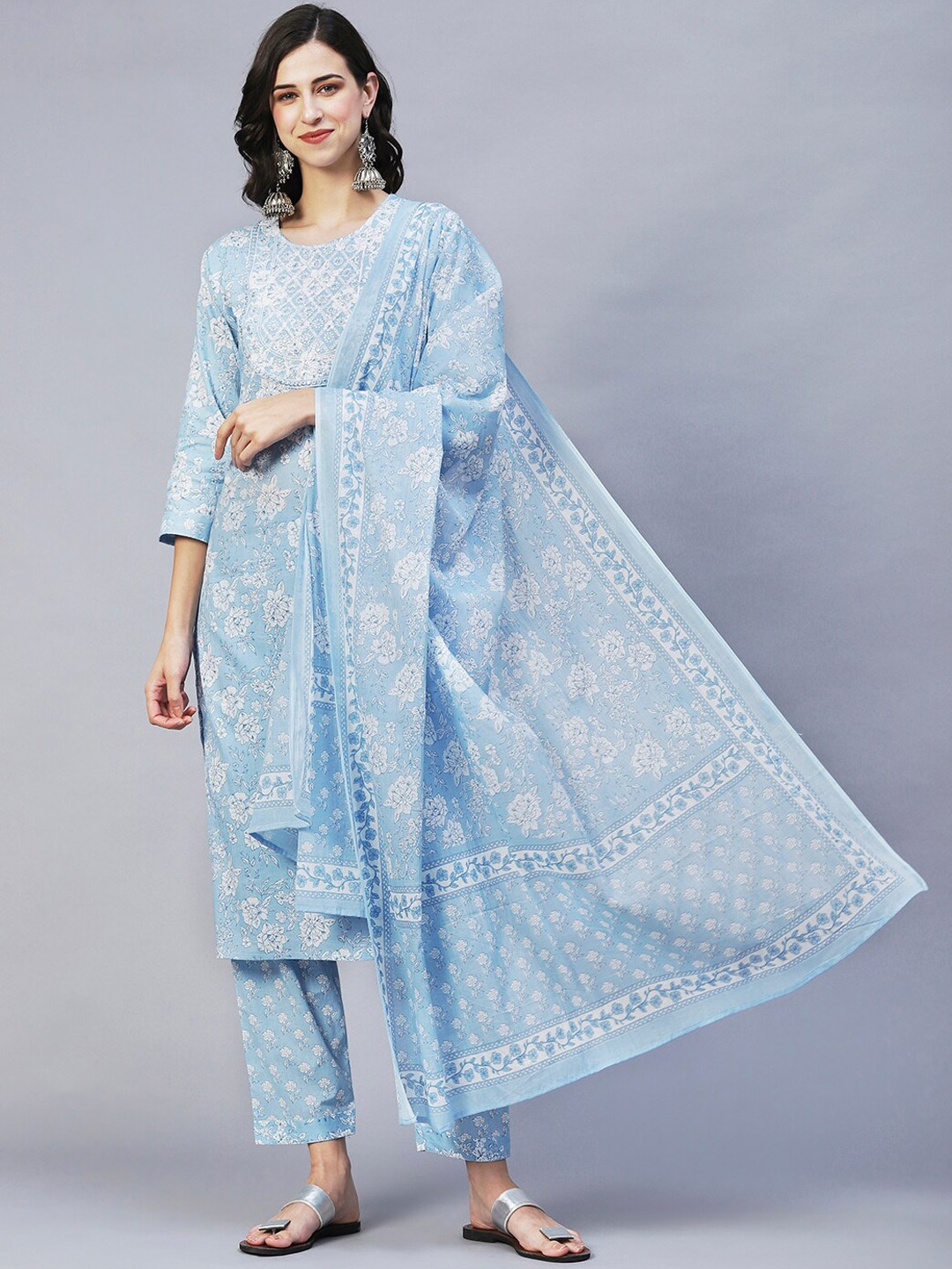 

KALINI Floral Printed Thread Work Pure Cotton Kurta With Trousers & Dupatta, Blue