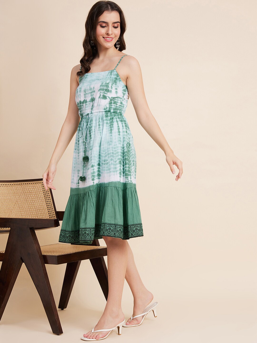 

all about you Tie & Dye Dyed Tie-Up Detail Flounce Cotton Fit & Flare Dress, Green