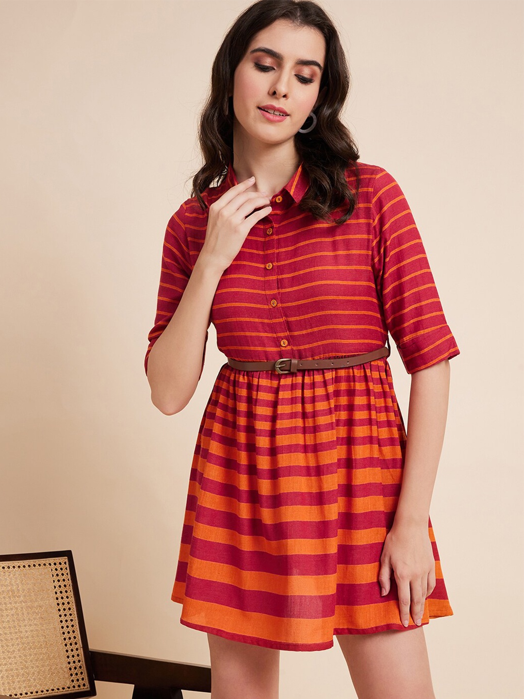 

all about you Striped Shirt Collar Cotton A-Line Dress Comes With A Belt, Red