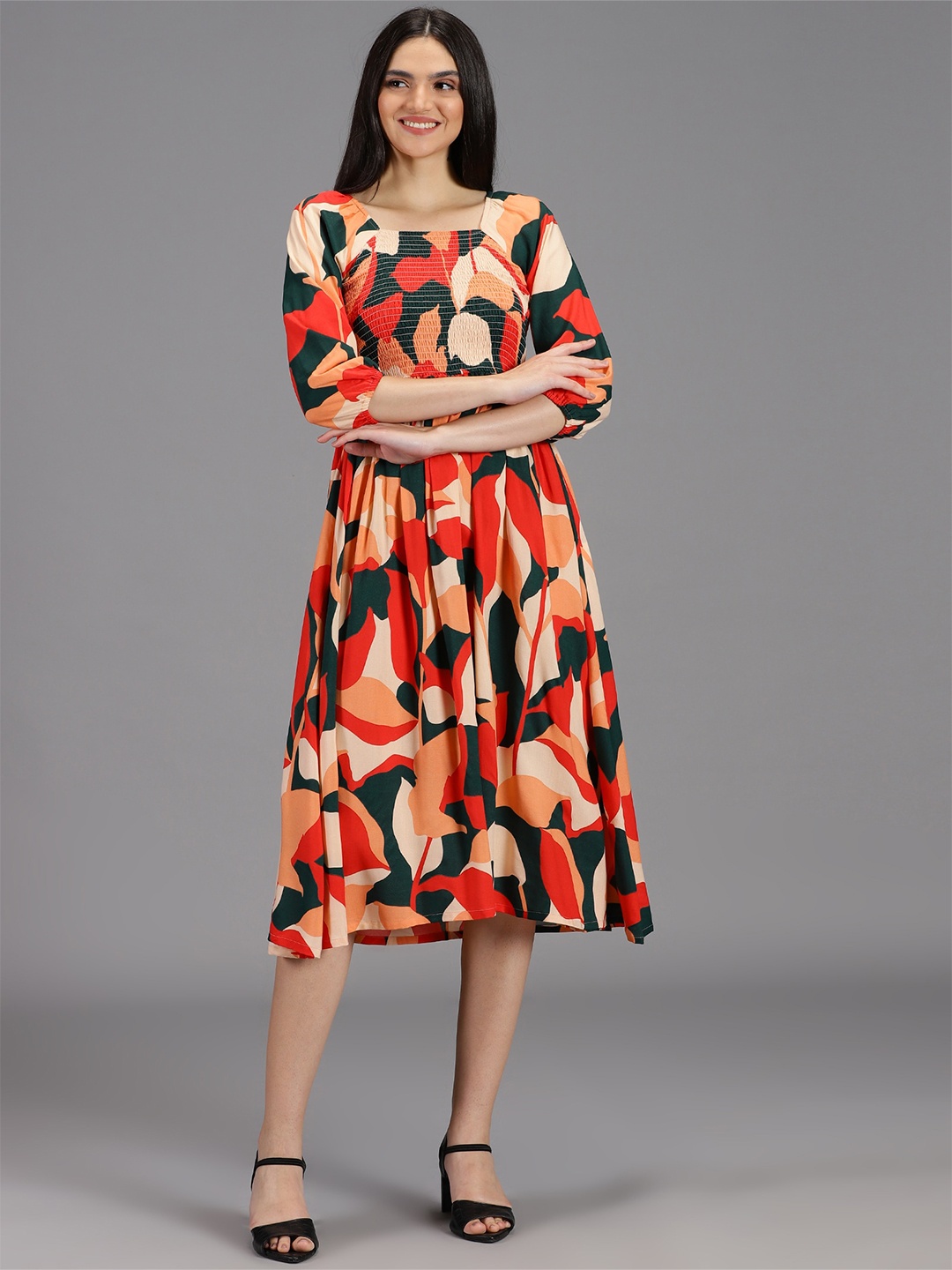 

HAY Abstract Printed Puff Sleeve Smocked Fit & Flare Midi Dress, Red