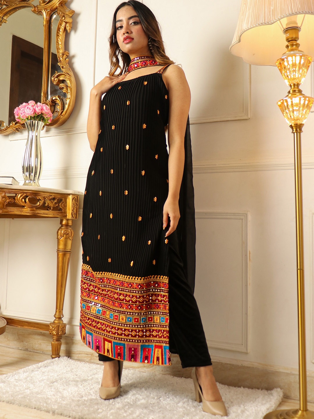 

KALINI Embroidered Shoulder Straps Sequinned Kurta with Trousers & Dupatta, Black
